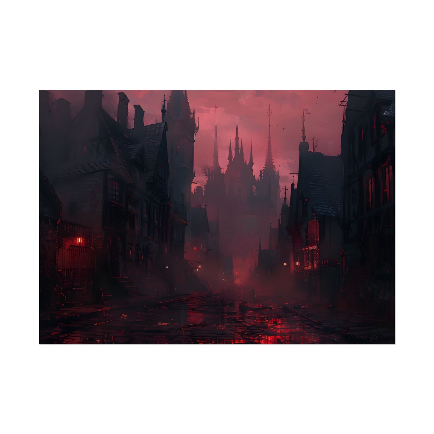 Dark Gothic Cityscape: A Serene Misty Dusk Scene - Poster
