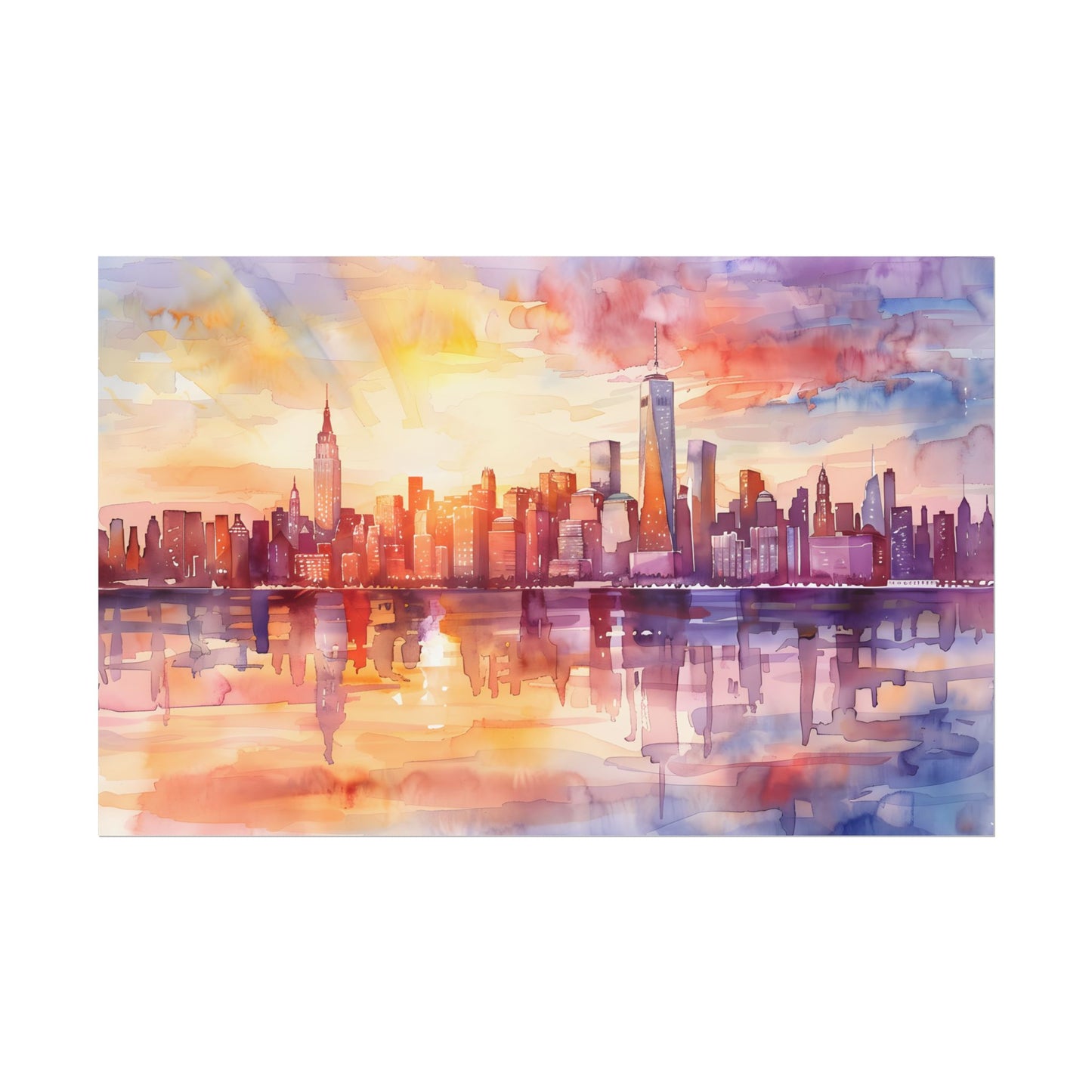 Watercolor Sunset New York City Skyline: Beautiful Artwork - Poster