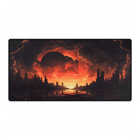Futuristic Cyberpunk Night: Burning Cityscape Landscape Art - Desk Mat