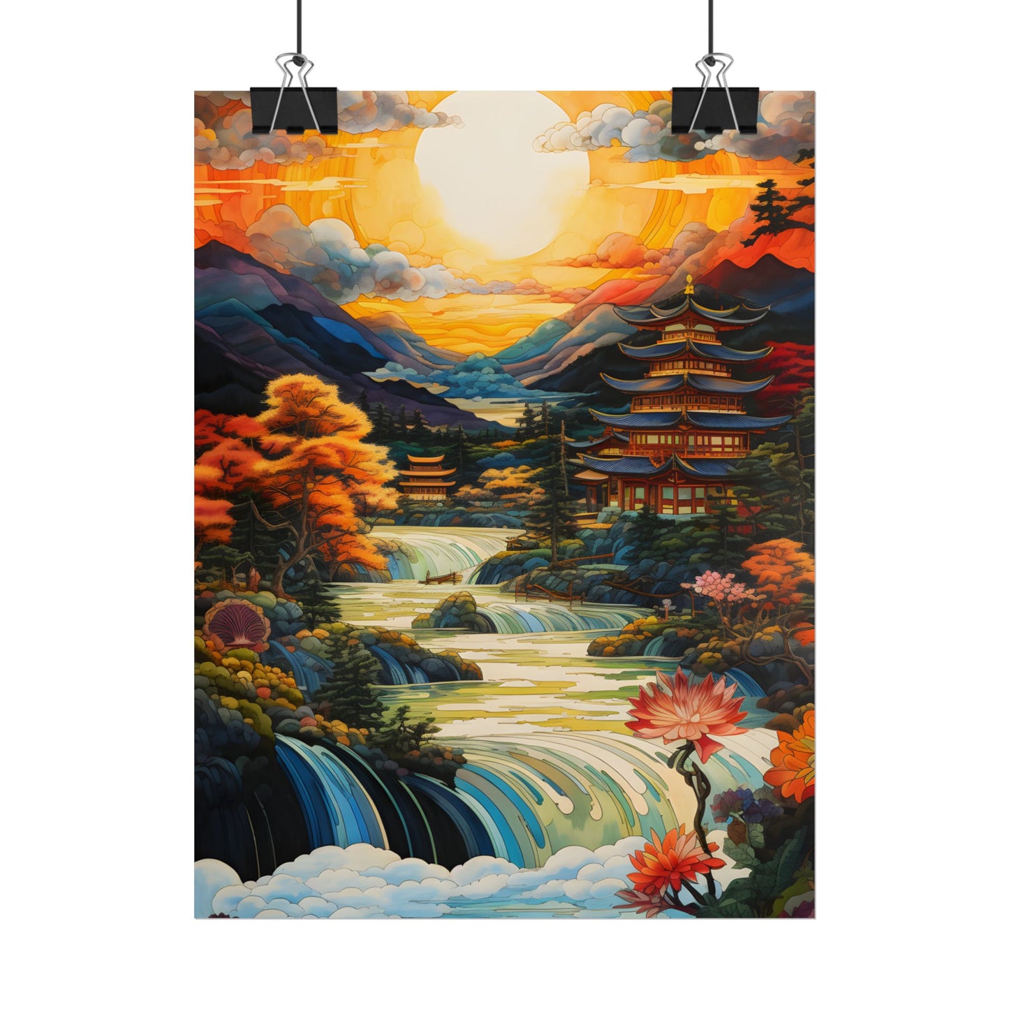 Peaceful Japanese River Landscape with Flowers: Serene Artwork - Poster