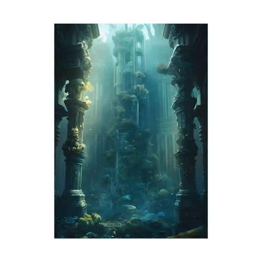 Lost Underwater City: Ancient Sunken Ruins in Blue Depths - Poster