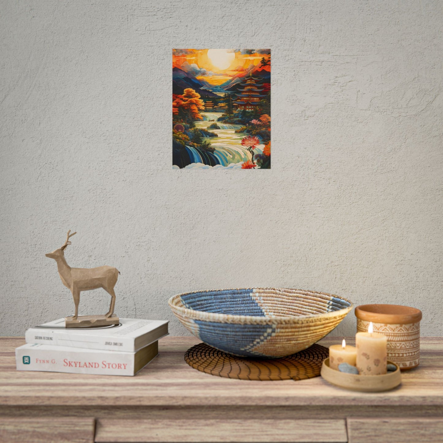 Peaceful Japanese River Landscape with Flowers: Serene Artwork - Poster