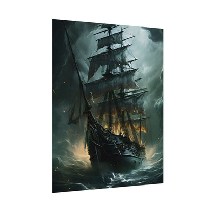Ghostly Pirate Ship: Sailing Solo in Eerie Blue Skies - Poster