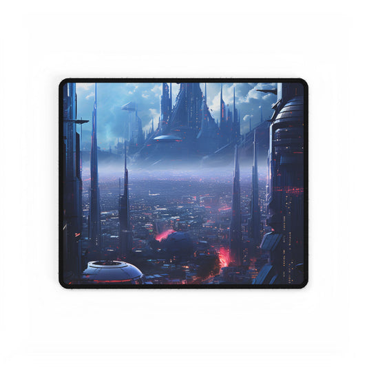 Cyberpunk Dystopia: Neon Cityscape Digital Artwork - Desk Mat