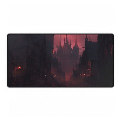 Dark Gothic Cityscape: A Serene Misty Dusk Scene - Desk Mat