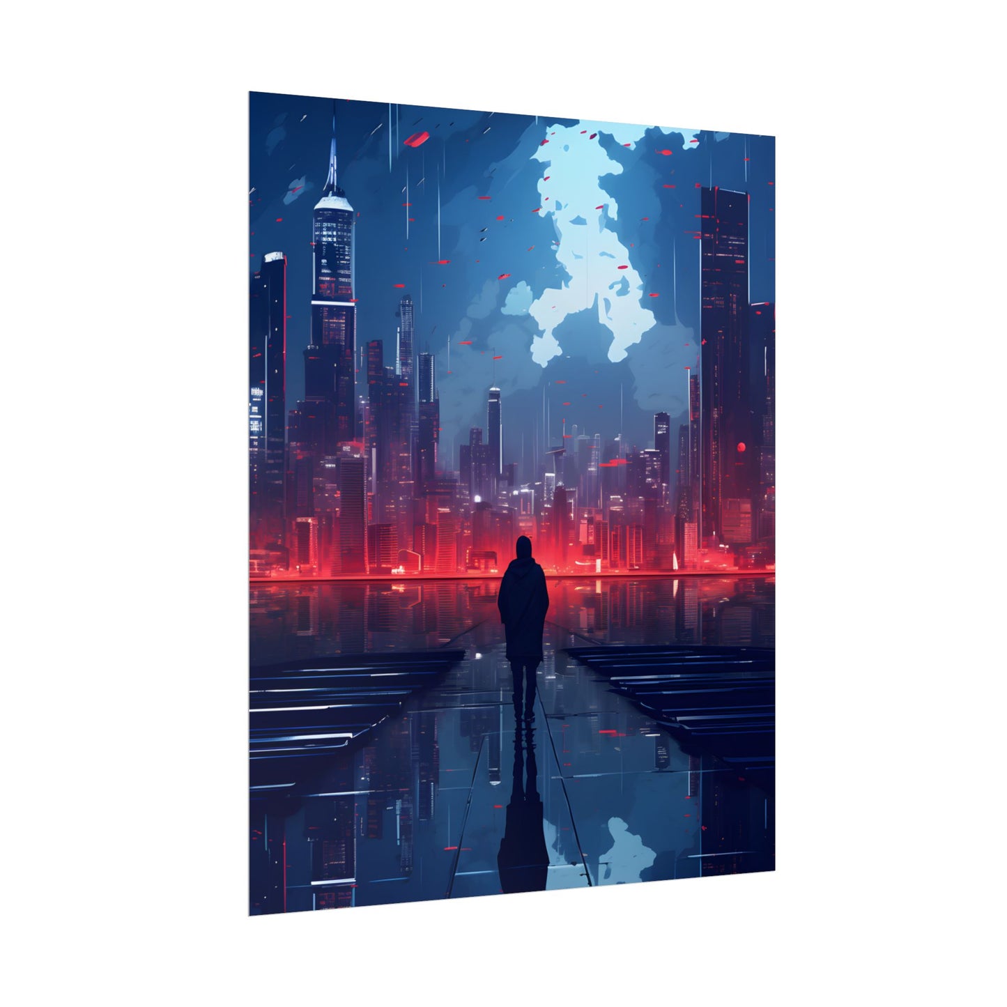 Cyberpunk Night Cityscape: A Melancholic Moment - Poster