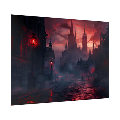 Gothic City Dusk: Pointed Arches and Misty Atmosphere - Poster