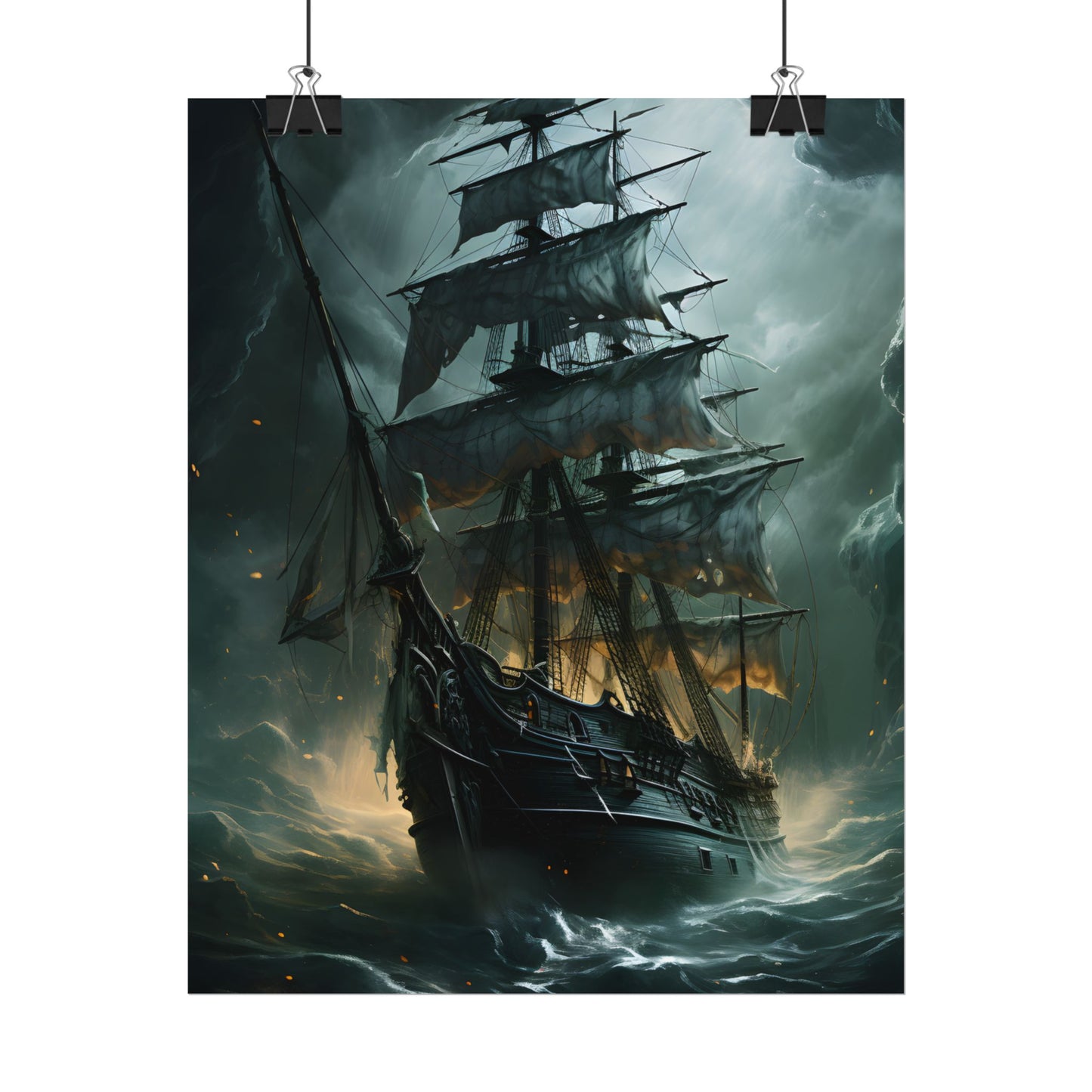 Ghostly Pirate Ship: Sailing Solo in Eerie Blue Skies - Poster