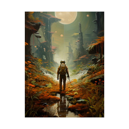Futuristic Explorer in Wilderness: Digital Artwork - Poster