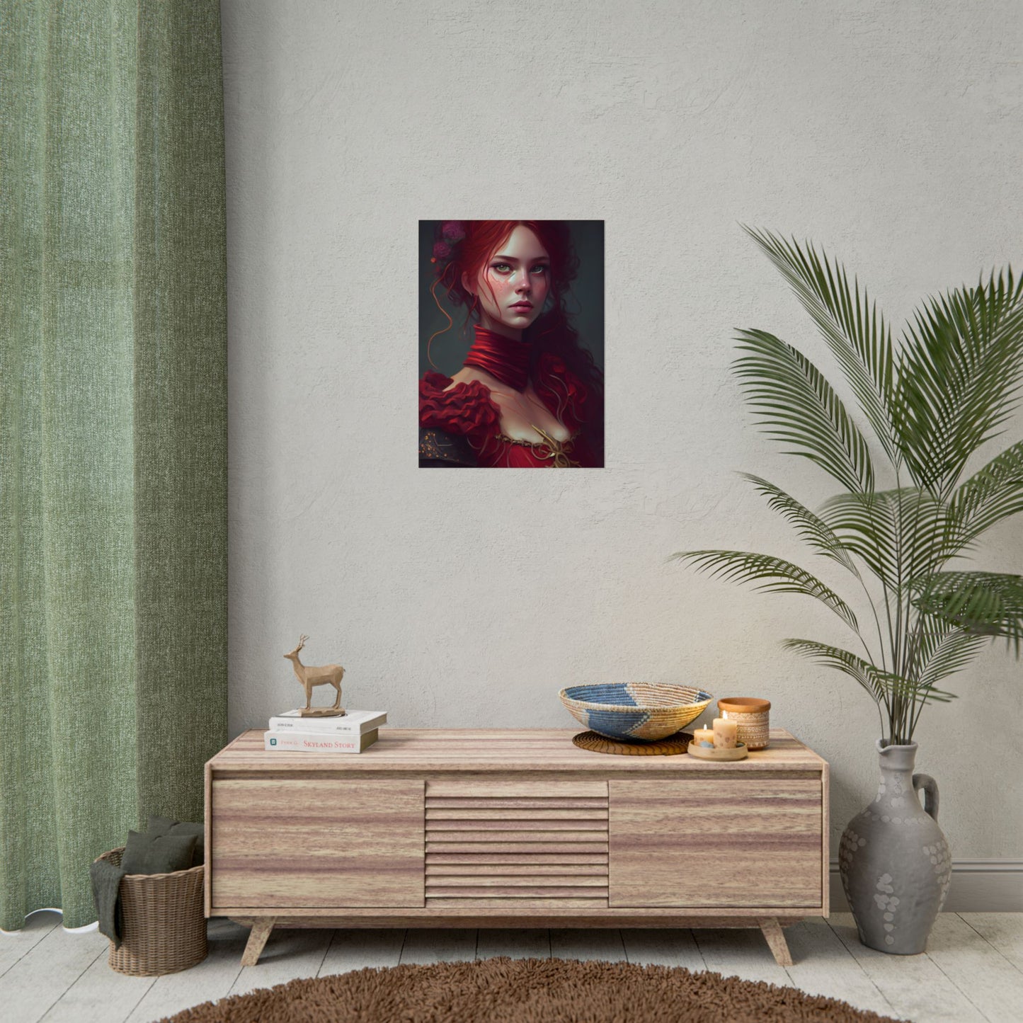 Vibrant Redhead Portrait: Female Artwork in Red Dress - Poster