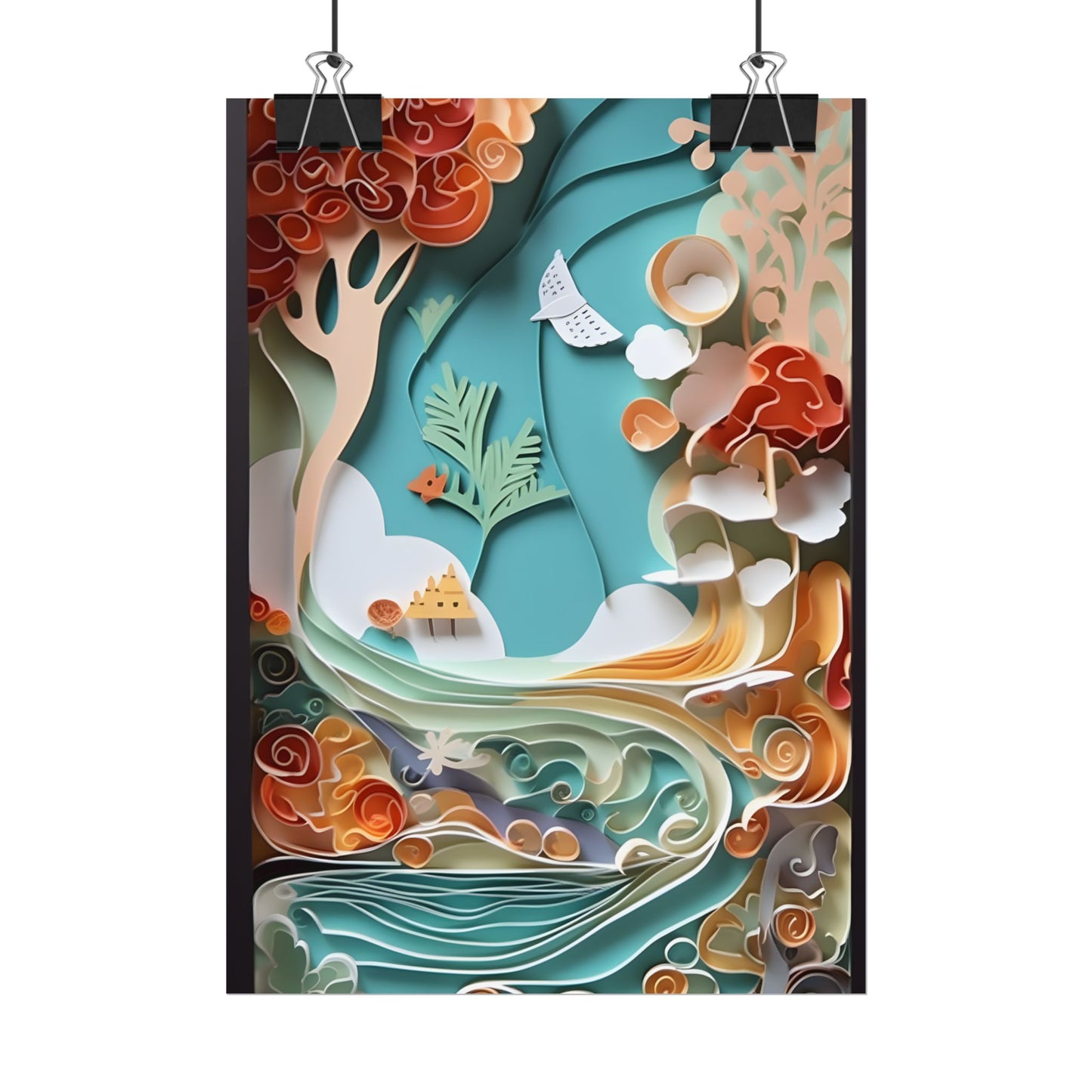 Paper Quilled Beach Sunset: Calming Beach Landscape Artwork - Poster