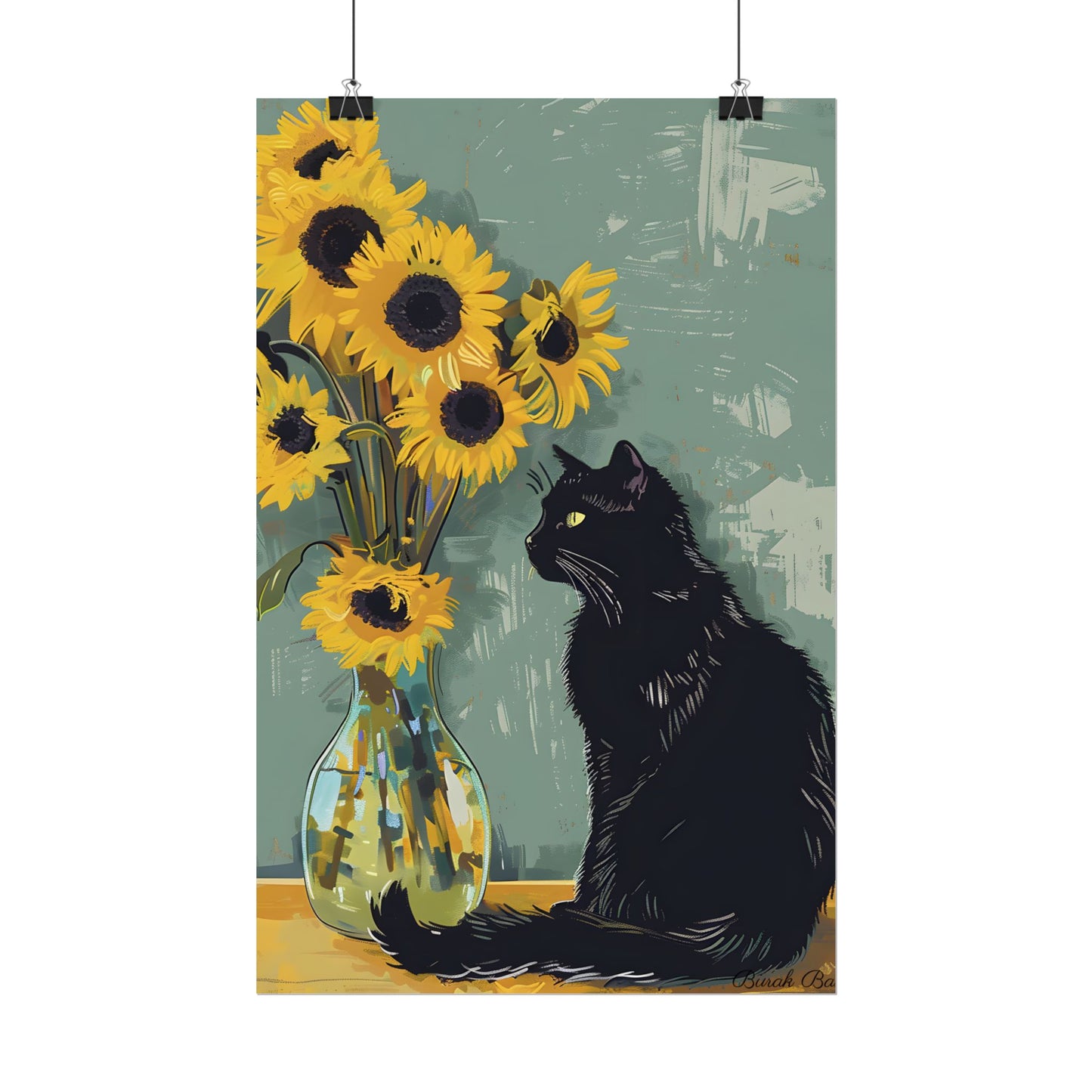 Whispers in the Sun: A Black Cat's Serene Moment with Sunflowers - Poster