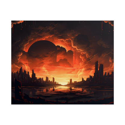Futuristic Cyberpunk Night: Burning Cityscape Landscape Art - Poster
