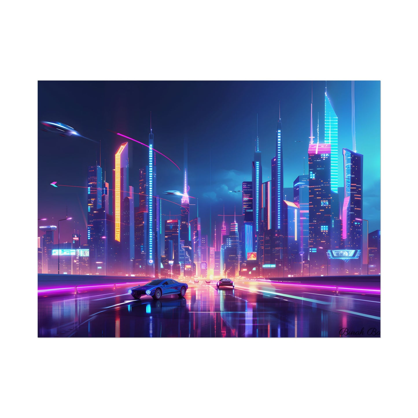 Futuristic City Glow: Neon Lights Digital Art - Poster