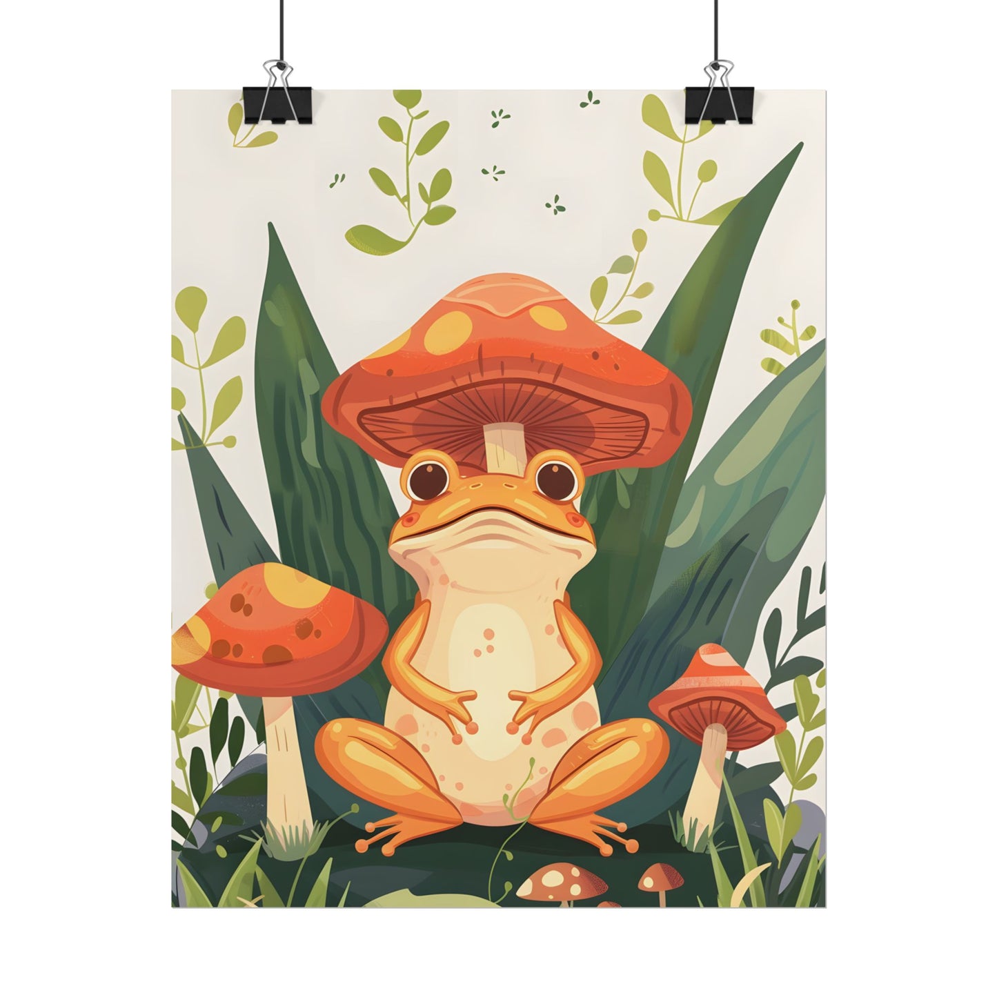 Retro Whimsy: Frog & Mushrooms in Close-Up Charm - Poster