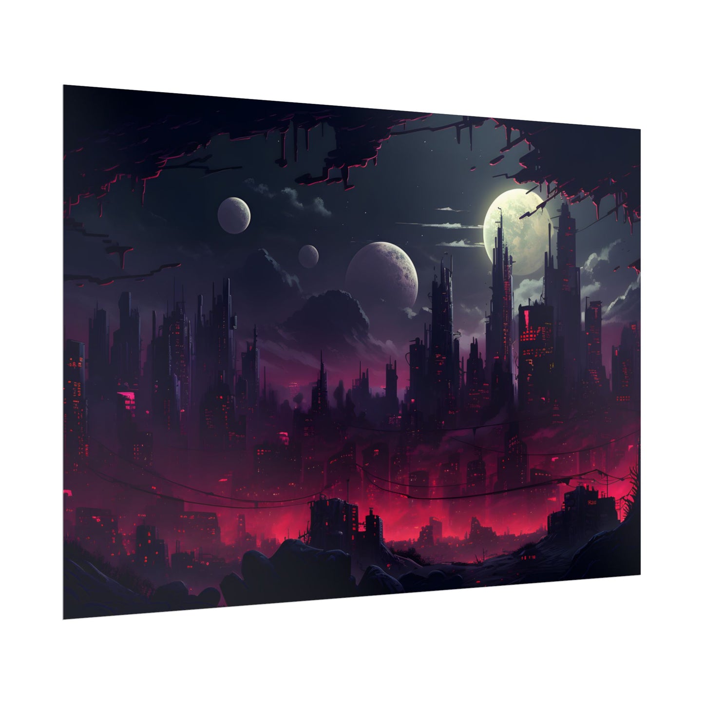 Burning Cyberpunk Cityscape at Night: Digital Art - Poster