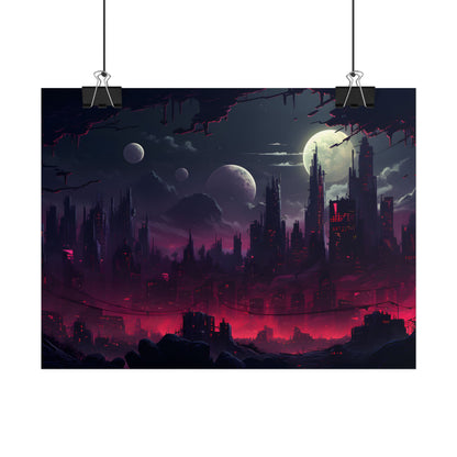 Burning Cyberpunk Cityscape at Night: Digital Art - Poster