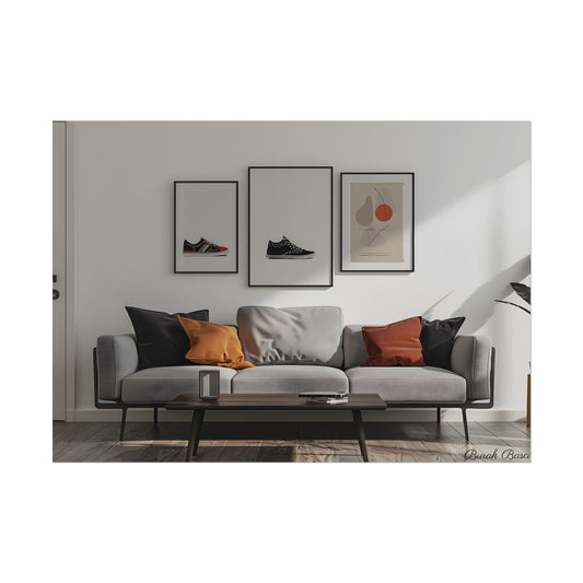 Minimalist Modern Living Room: White Couch and Dark Wood Accents - Poster