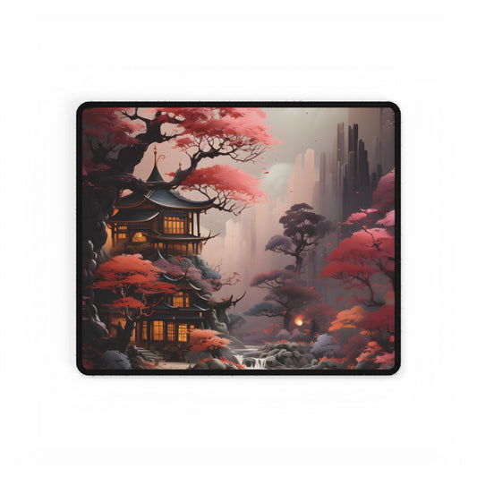 Landscape Masterpiece in Ash Magenta and Moss Green: Serene Nature Artwork - Desk Mat