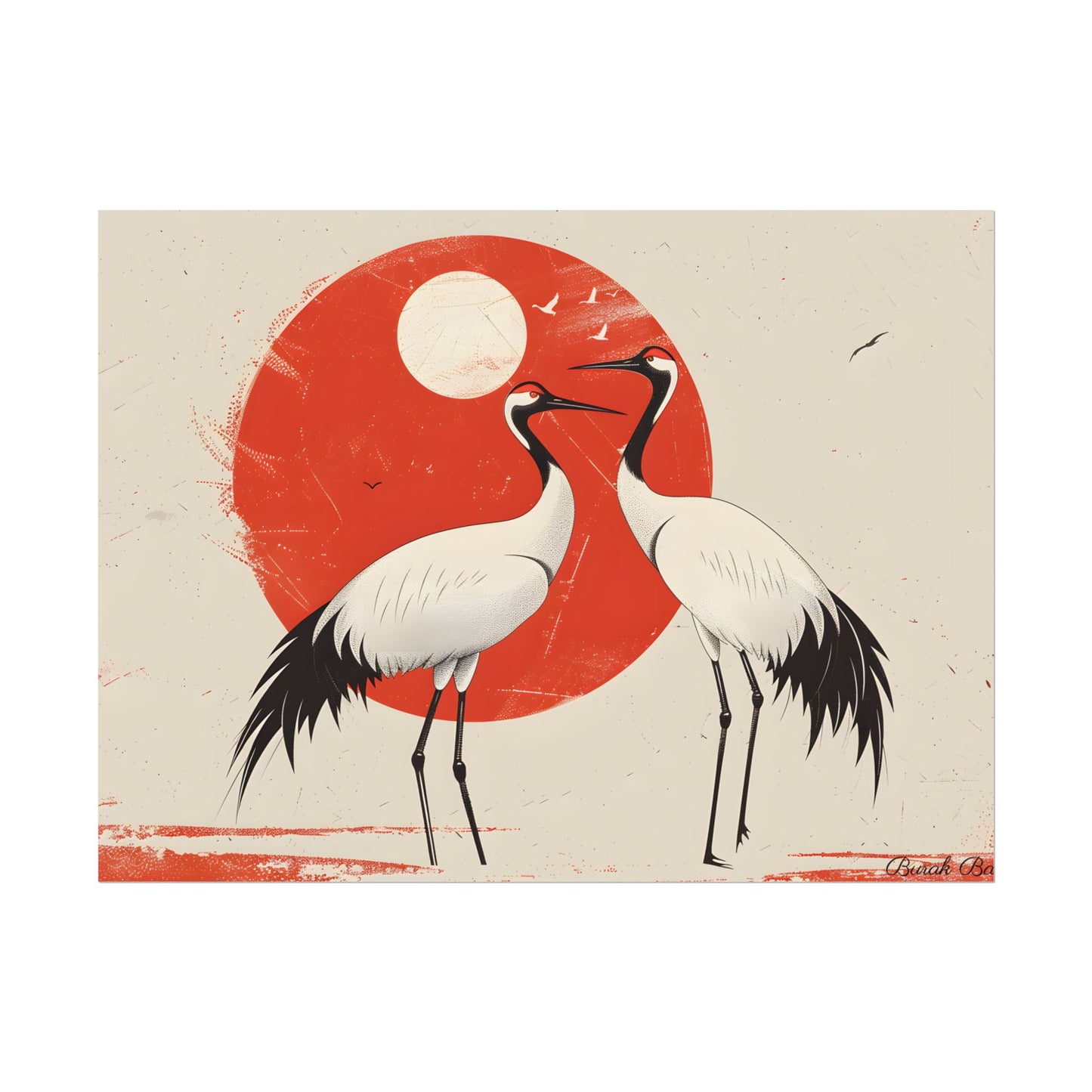 Serene Wildlife Sanctuary: Cranes in Red Nature Scene Art - Poster