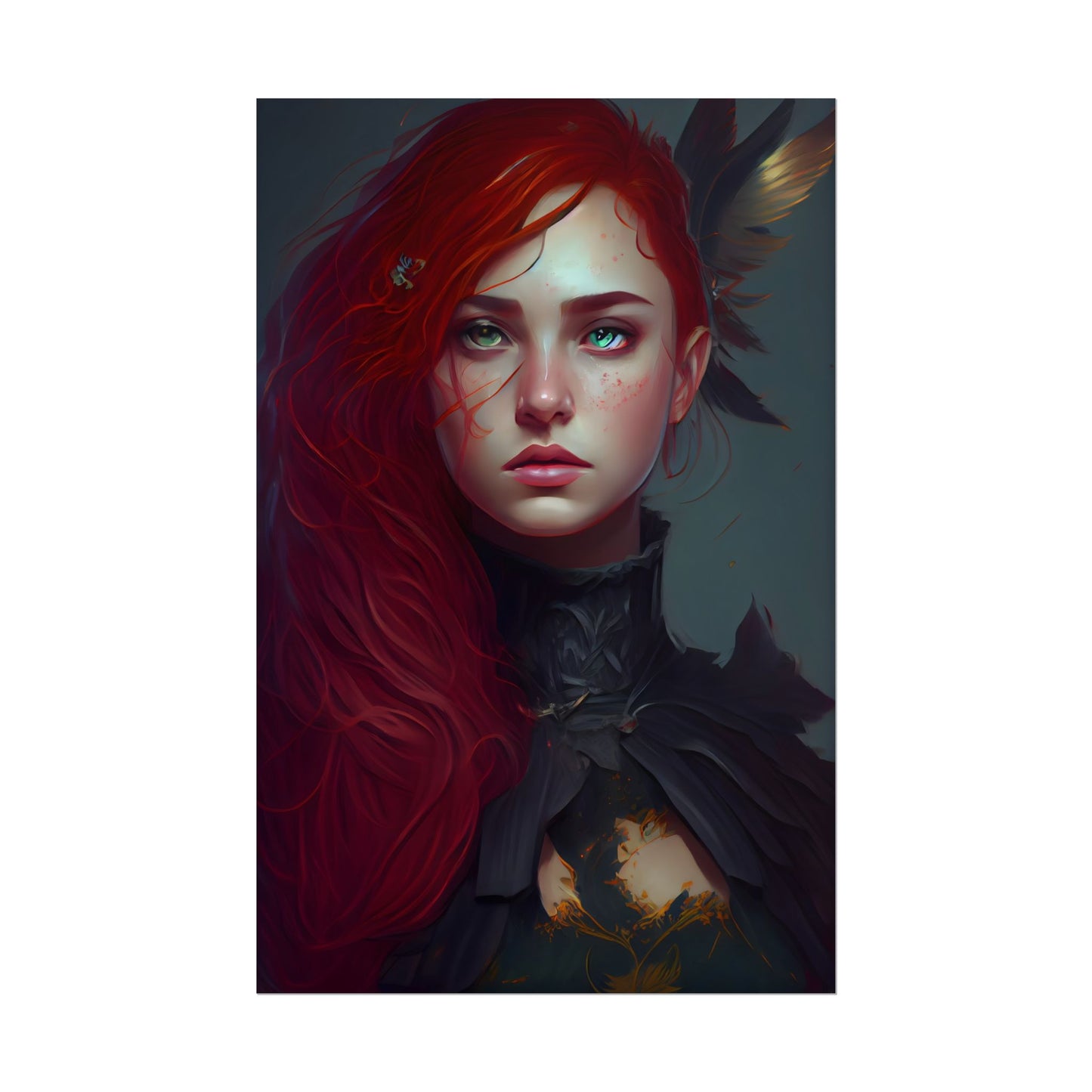 Vibrant Female Portrait: Red Hair Beauty in Neutral Dress - Poster