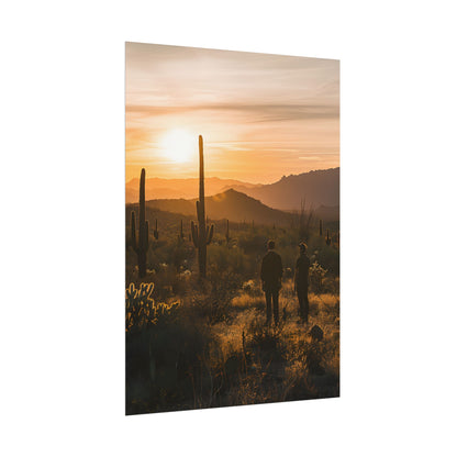 Desert Sunset Serenity: Two Friends Standing Together - Poster