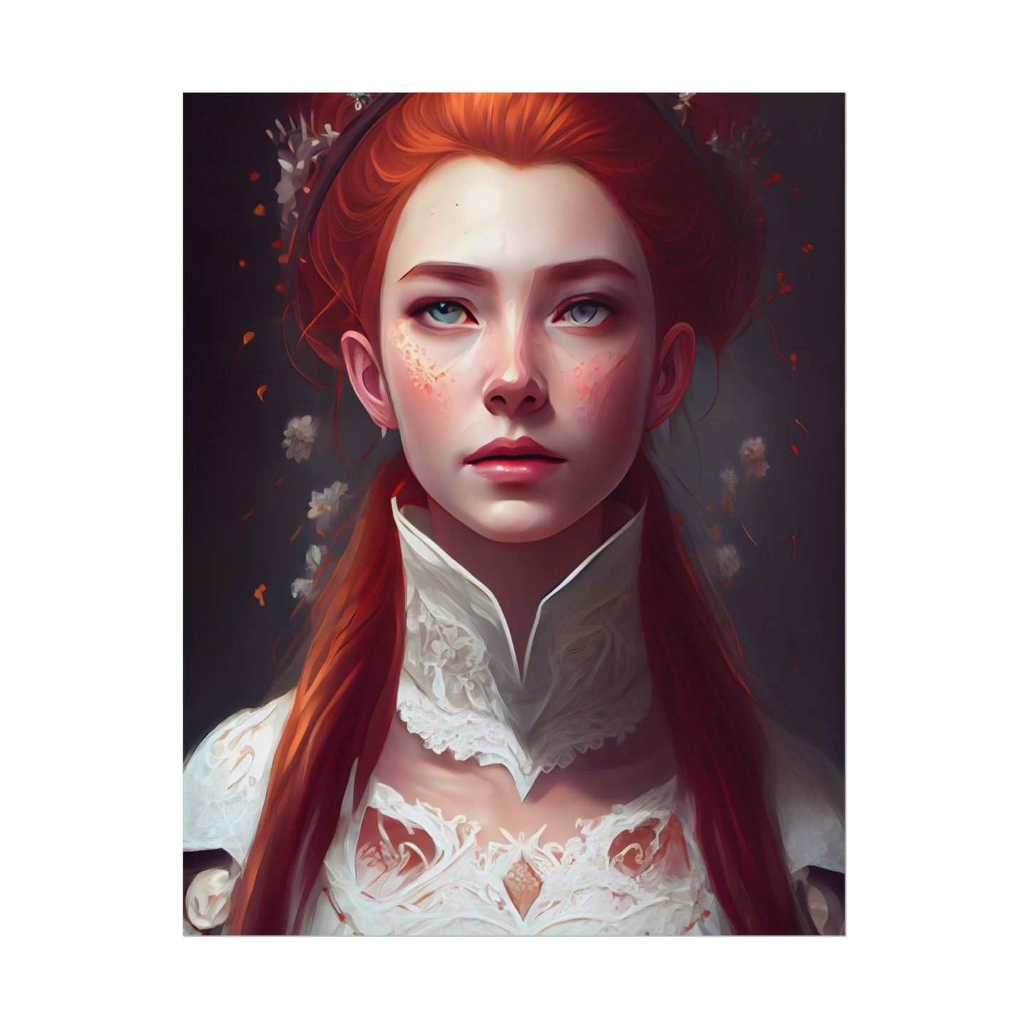 Soft Glow Redhead Portrait: Elegant Female Artwork in Dress - Poster