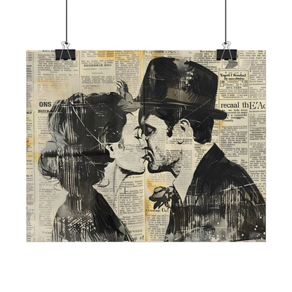 Vintage Romance Couples: Newsprint Artwork - Intimate Moments - Poster