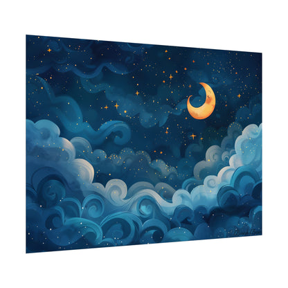 Surreal Night Sky Dreamscape: Whimsical Stars and Clouds Art - Poster