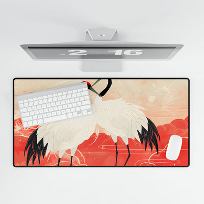 Serene Nature: Two Cranes Amidst Red and Green Landscape Art - Desk Mat