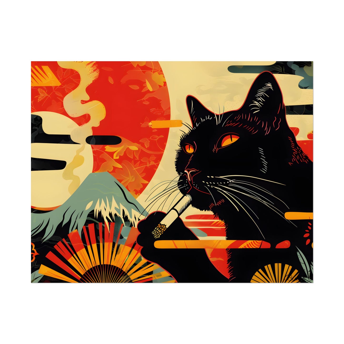 Whimsical Cat Smoking: Red & White Stripe Artwork - Poster