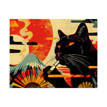 Whimsical Cat Smoking: Red & White Stripe Artwork - Poster