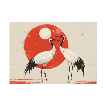 Serene Wildlife Sanctuary: Cranes in Red Nature Scene Art - Poster