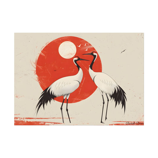 Serene Wildlife Sanctuary: Cranes in Red Nature Scene Art - Poster