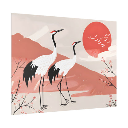 Serene Landscape with Cranes: Peaceful Nature Art - Poster
