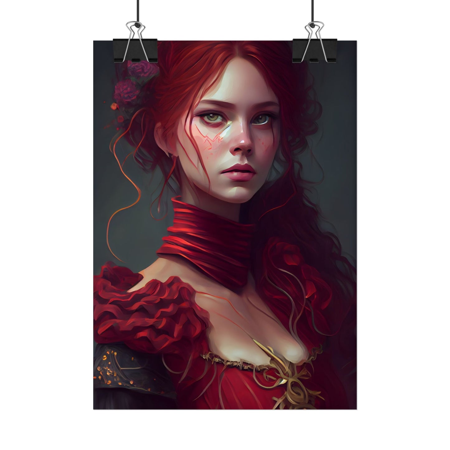 Vibrant Redhead Portrait: Female Artwork in Red Dress - Poster