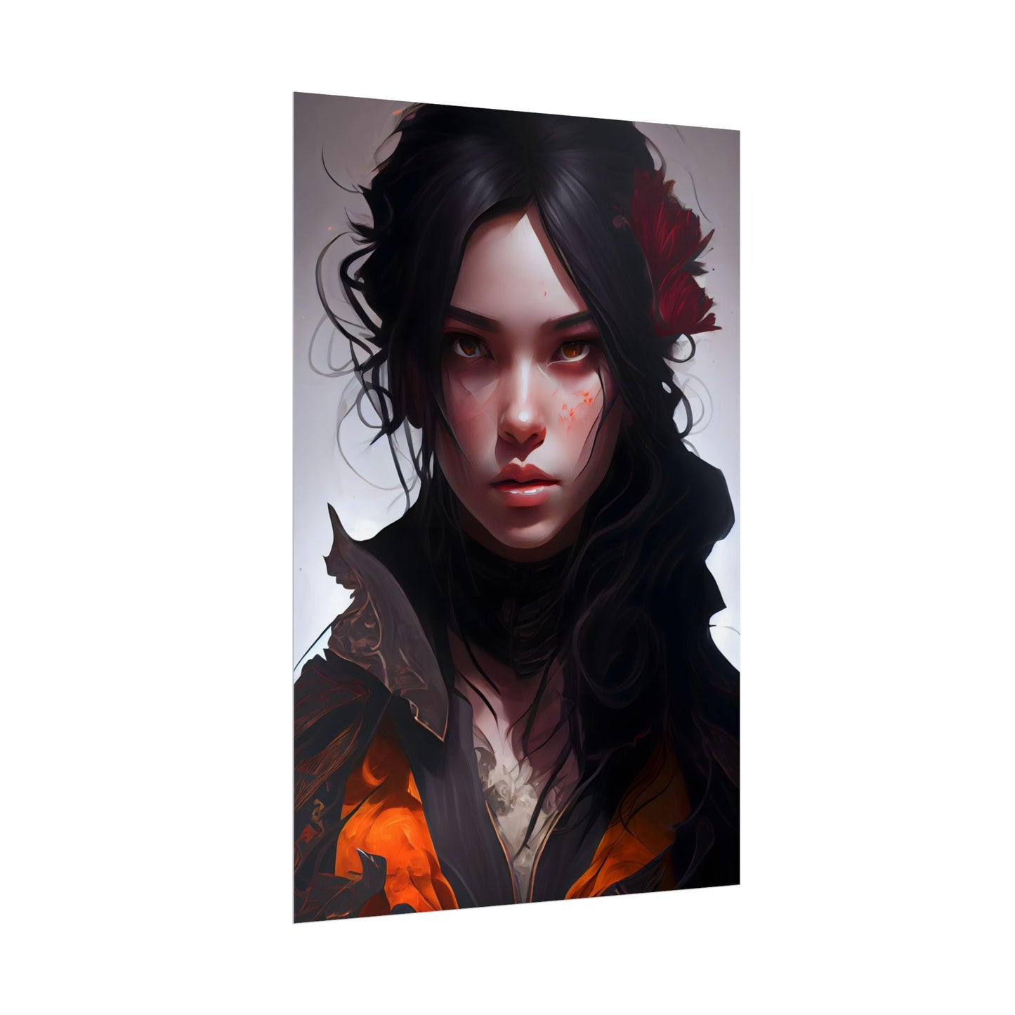 Black Hair Female Portrait: Elegant Dress Artwork - Poster