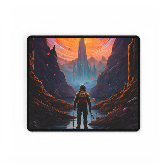 Futuristic Explorer in Wilderness: Sci-Fi Artwork - Desk Mat