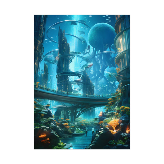 Close-Up Shot: Futuristic Underwater Cityscape in Bloom - Poster