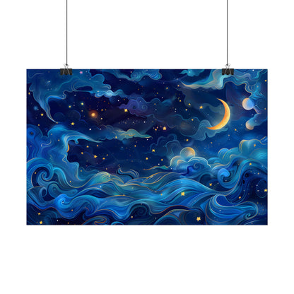 Whimsical Dreamy Night Sky: Stars, Moon, and Shooting Star - Poster