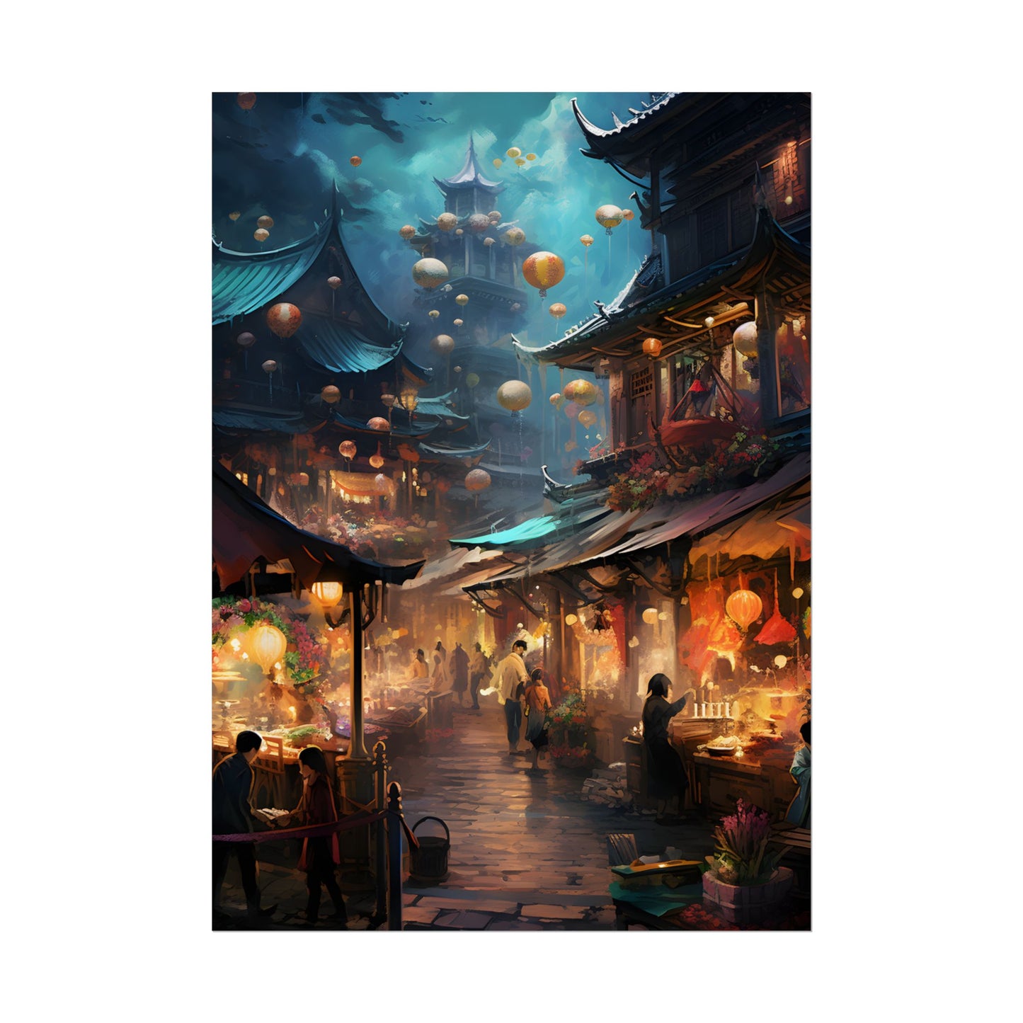 Enchanted Street Food Market: Vibrant Evening Artwork - Poster