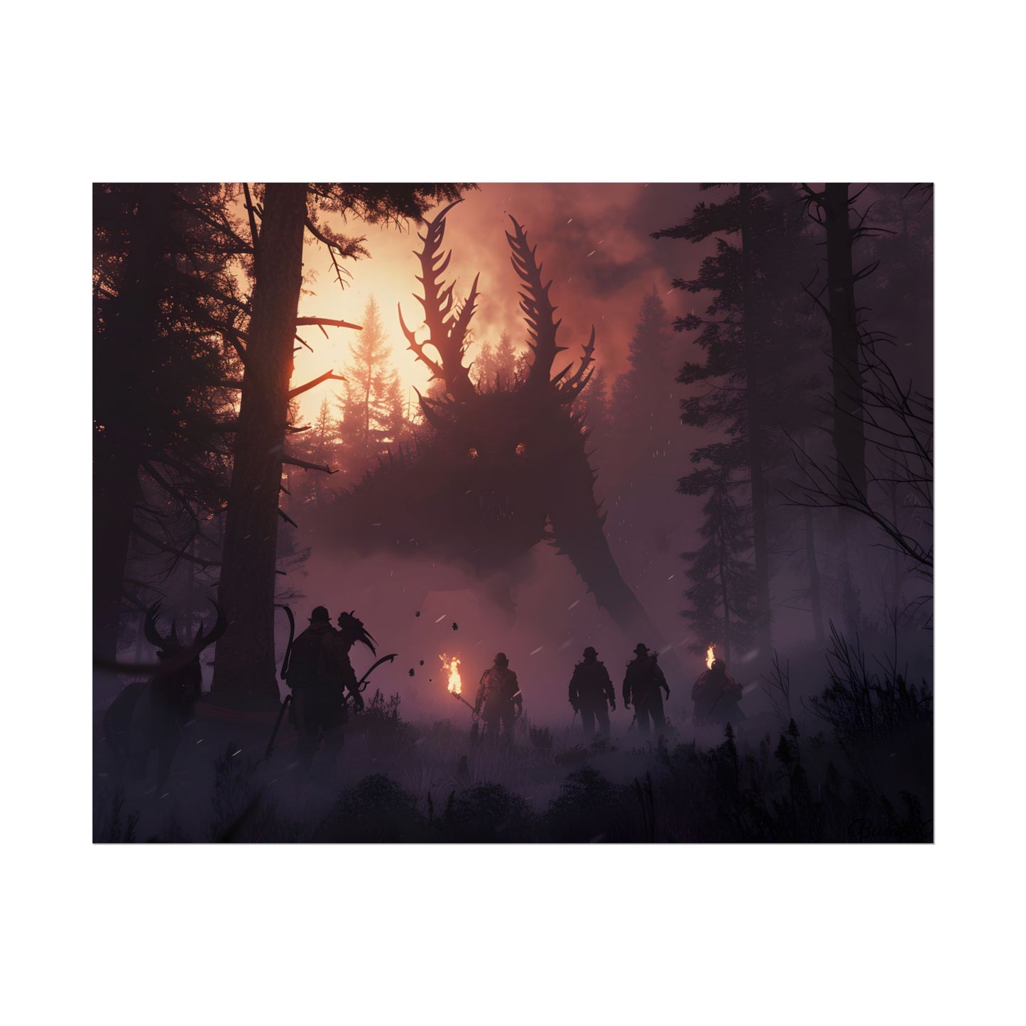 Serene Forest Sunset: Group Walking Through Misty Landscape - Poster