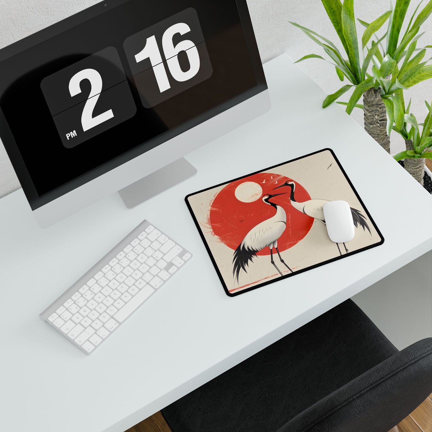 Serene Wildlife Sanctuary: Cranes in Red Nature Scene Art - Desk Mat