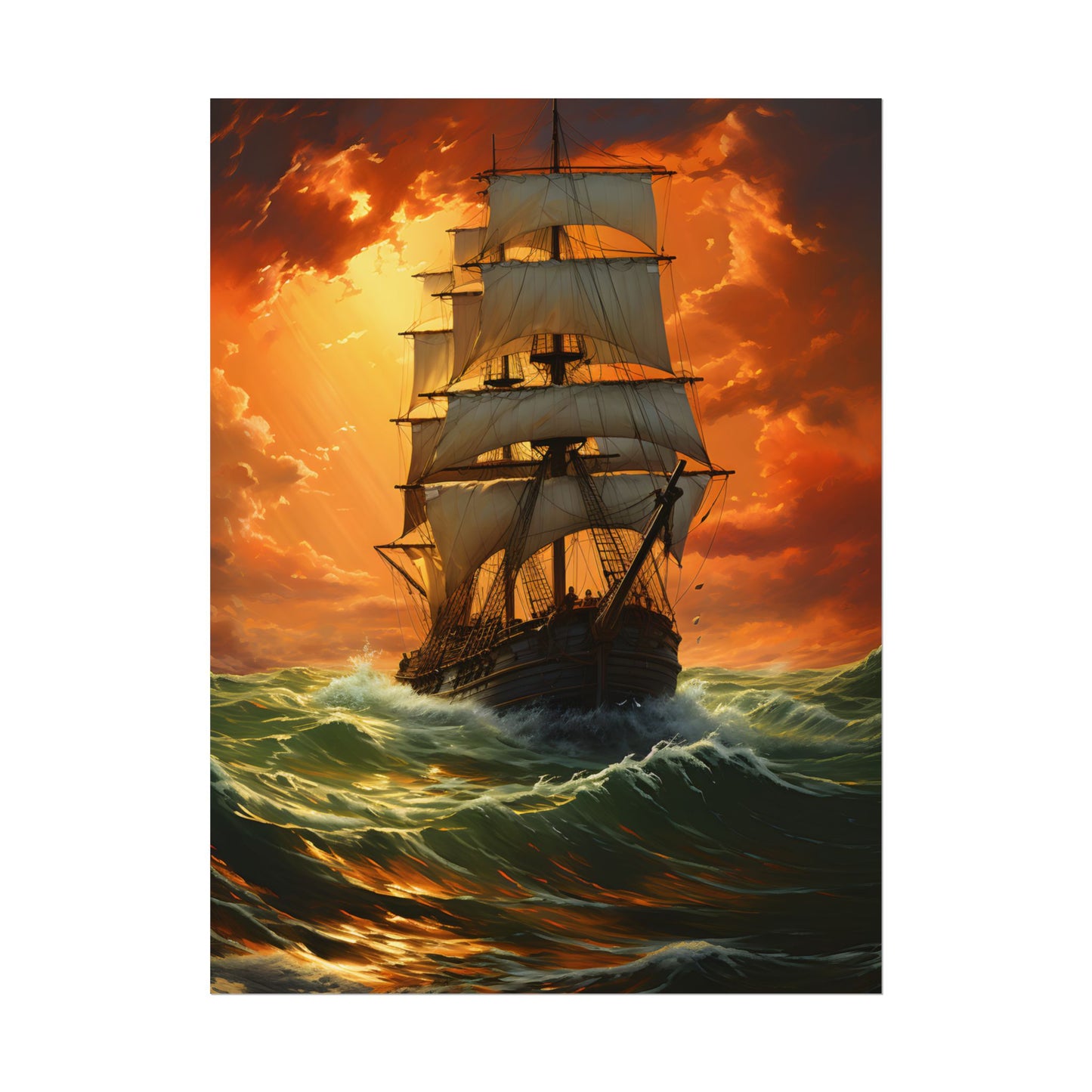 Nature's Serenity: Realistic Oil Painting of a Green Ship - Poster