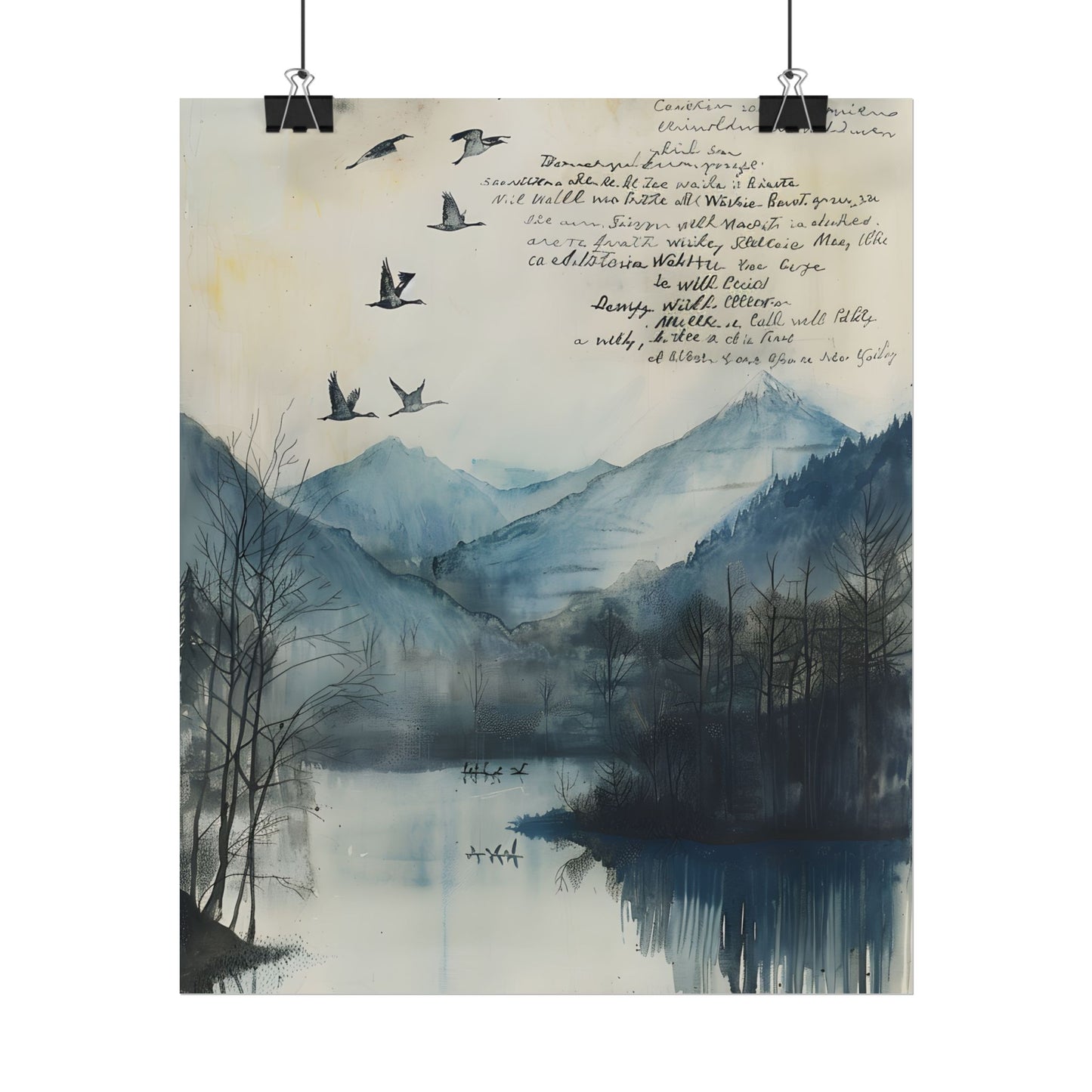Nature's Serenity: Mountain Lake Birds in Flight Artwork - Poster