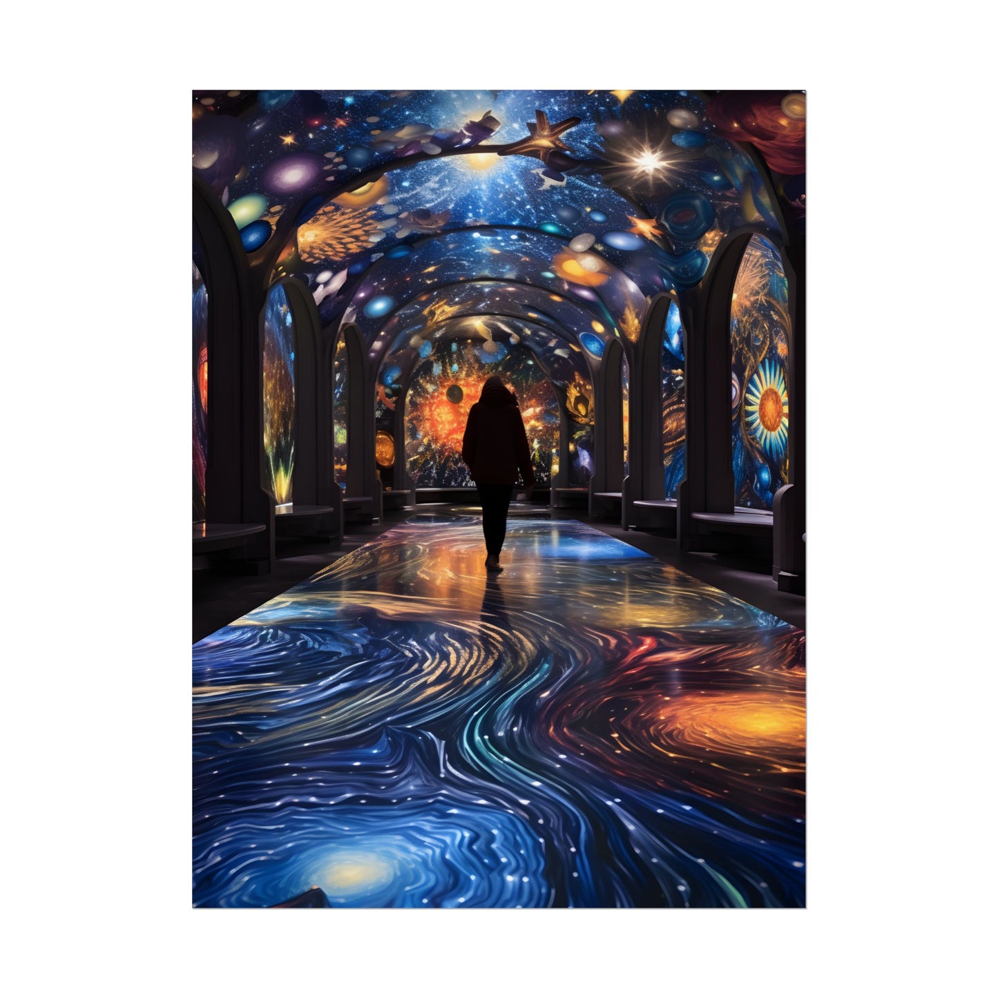 Celestial Art Gallery: Vibrant Space-Themed Artwork in a Colorful Interior - Poster