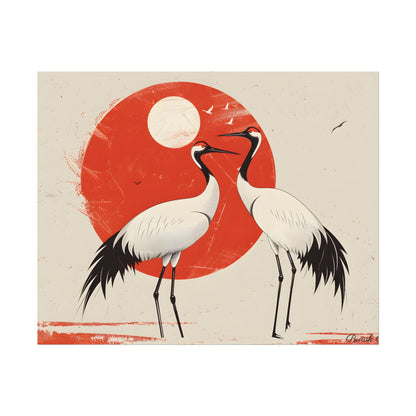 Serene Wildlife Sanctuary: Cranes in Red Nature Scene Art - Poster