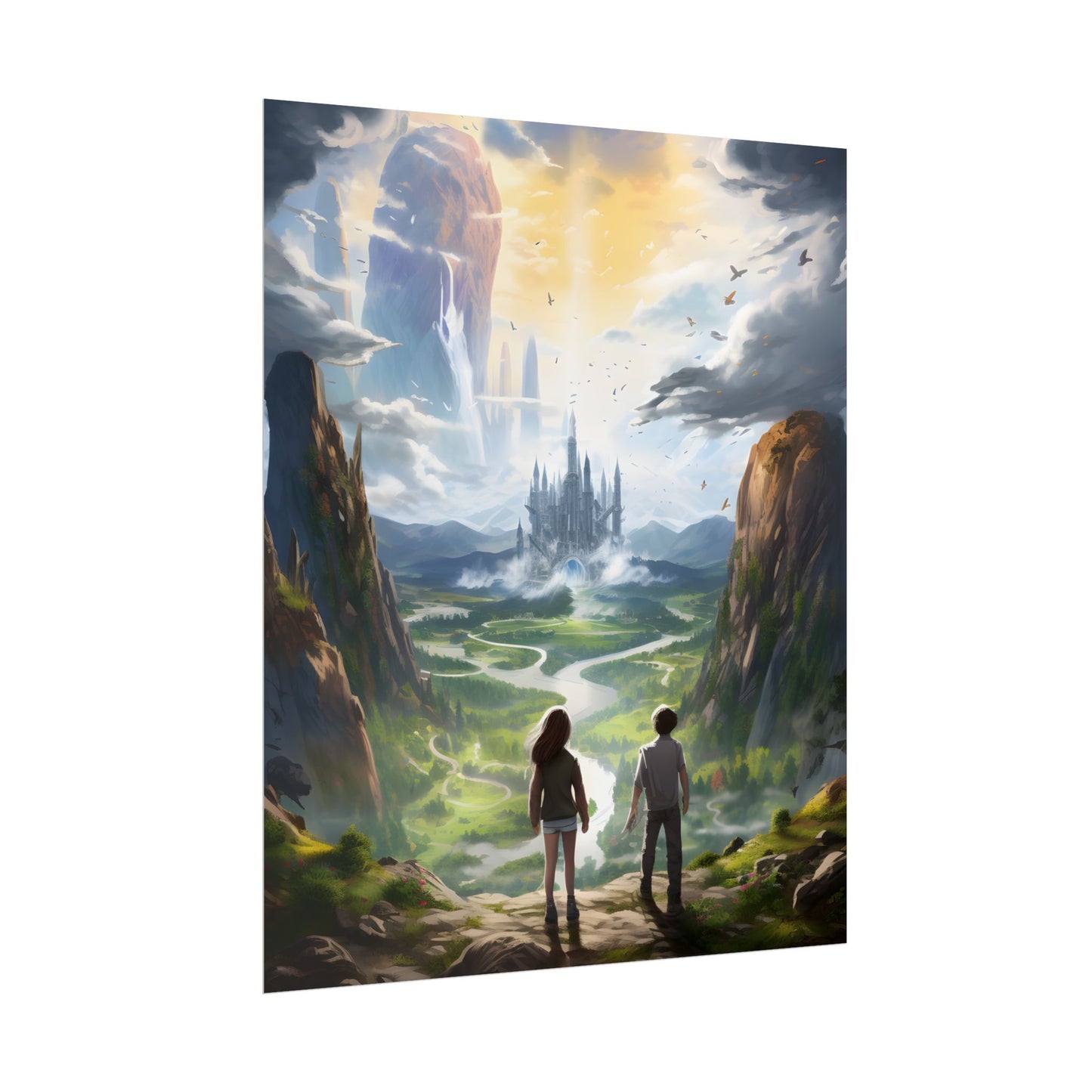 Girl and Boy in Serene Meadow: A Moment on Cloudy Hill - Poster