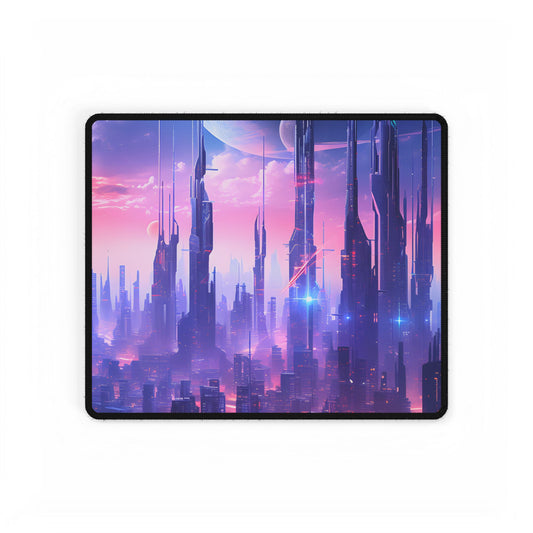 Cyberpunk Cityscape: Dark Futuristic Metropolis Digital Art - Desk Mat