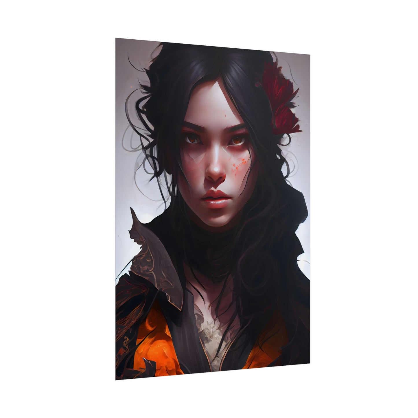 Black Hair Female Portrait: Elegant Dress Artwork - Poster